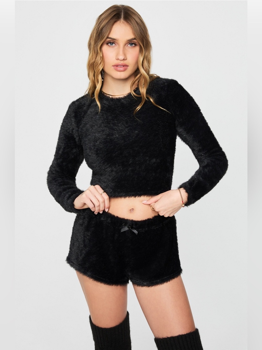 Fabletics YITTY Black Fuzzy Lounge Size Small Black NEW top only